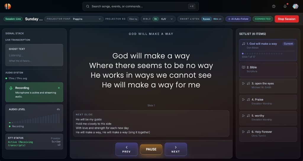 ParLeap operator console showing live session, setlist, and real-time transcription